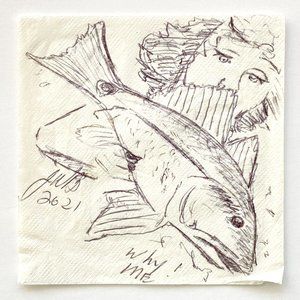 2021 Original Ink Pen Napkin Art "Why Me?" Girl with Fish Artist JWB
